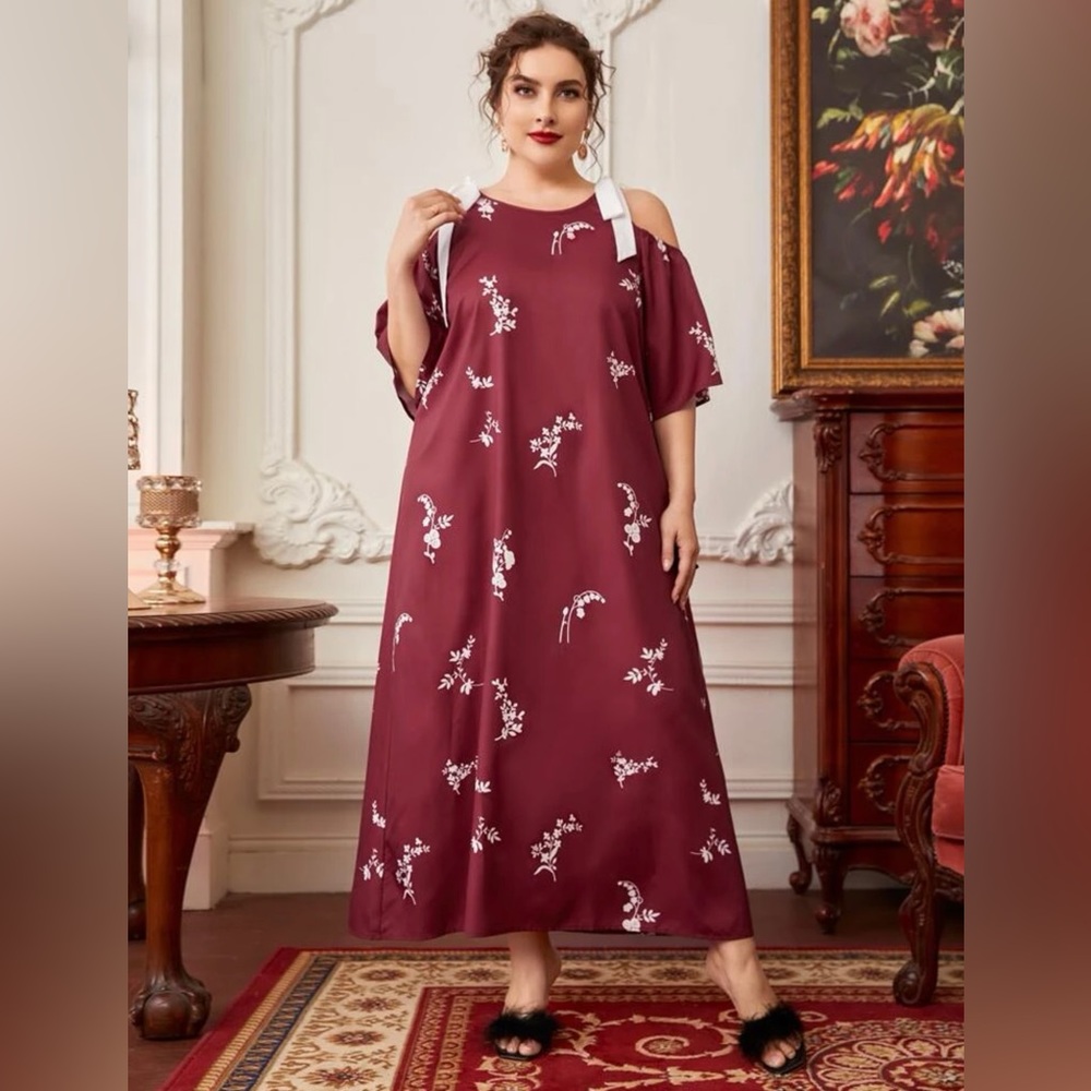 SHEIN Burgundy Floral Nightgown - Plus Size